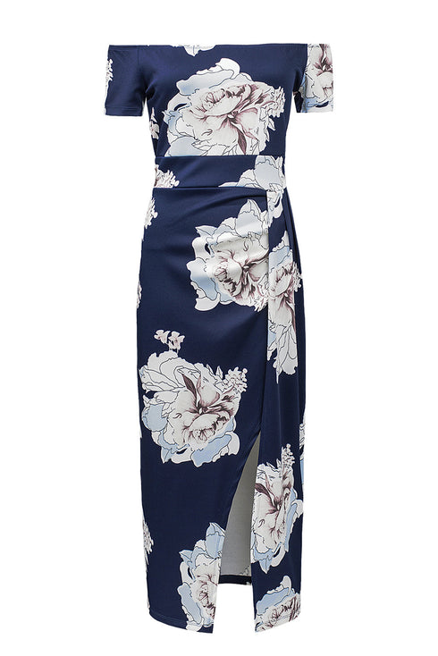 Print Off Shoulder Slit Bodycon Midi Dress